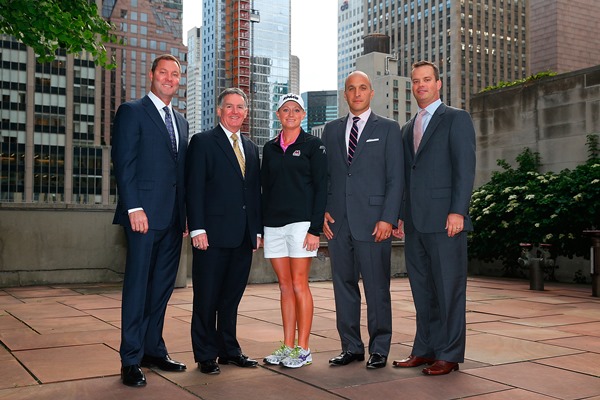 (L-R) Mike Whan, Commissioner, LPGA Tour; John Veihmeyer, Chairman, KPMG; Stacy Lewis, LPGA Professional; Pete Bevacqua, CEO, PGA of America; Mike McCarley, President, Golf Channel pose prior to announcing KPMG Women's PGA Championship at the NBC Studios in New York City. (Getty Images)